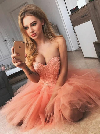 Chic Coral Sweetheart Tulle Short Prom Dress Beading Party Dress