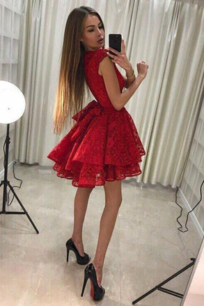 Jewel Lace Pleat Red Homecoming Dress with Tiered Skirt