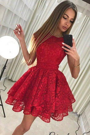 jewel lace pleat red homecoming dress with tiered skirt dth431