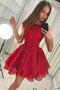 Jewel Lace Pleat Red Homecoming Dress with Tiered Skirt