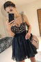 Spaghetti Straps Black Homecoming Dresses with Appliques