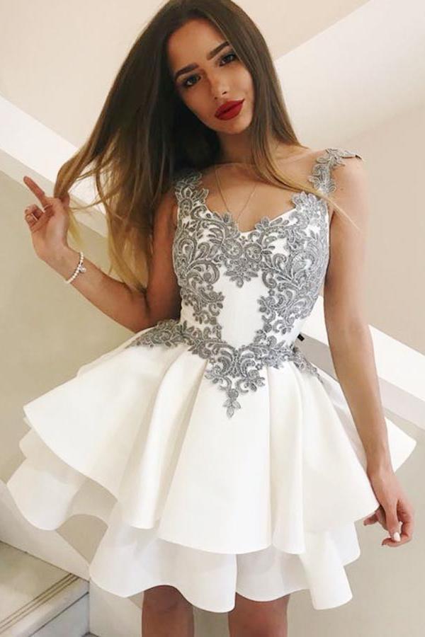 Illusion Neck Appliques Taffeta Short Party Dress With Layered Skirt