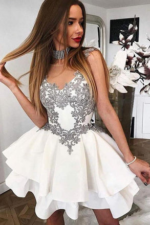 illusion neck appliques taffeta short party dress with layered skirt dth432