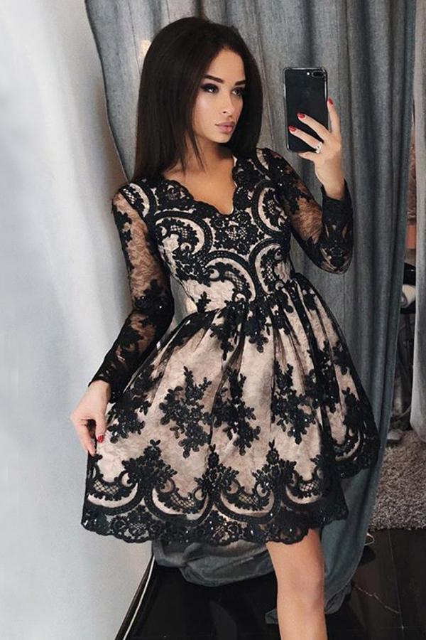 black lace appliques long sleeves short prom homecoming dress dth433