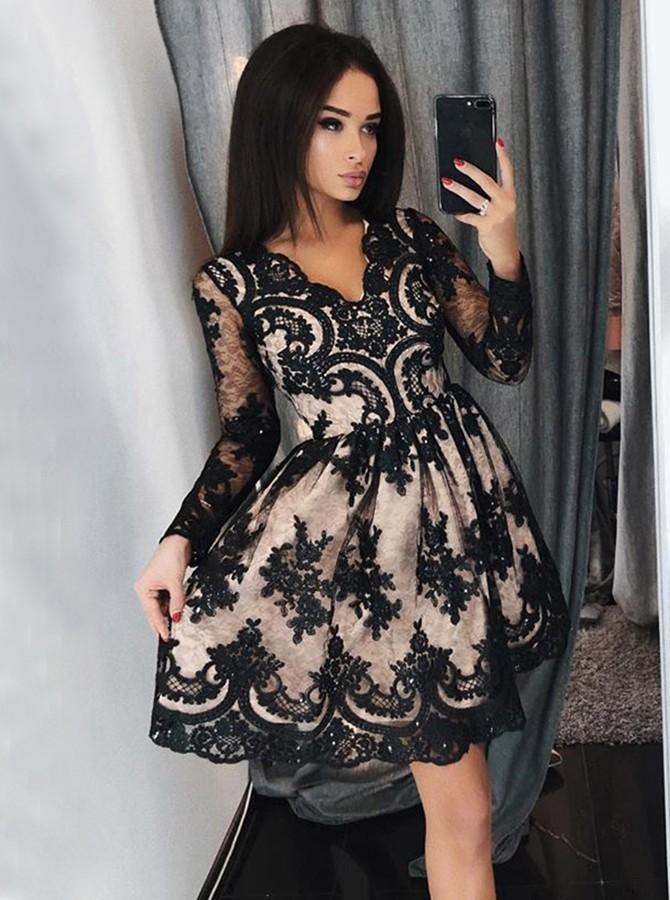 Black Lace Appliques Long Sleeves Short Prom Homecoming Dress