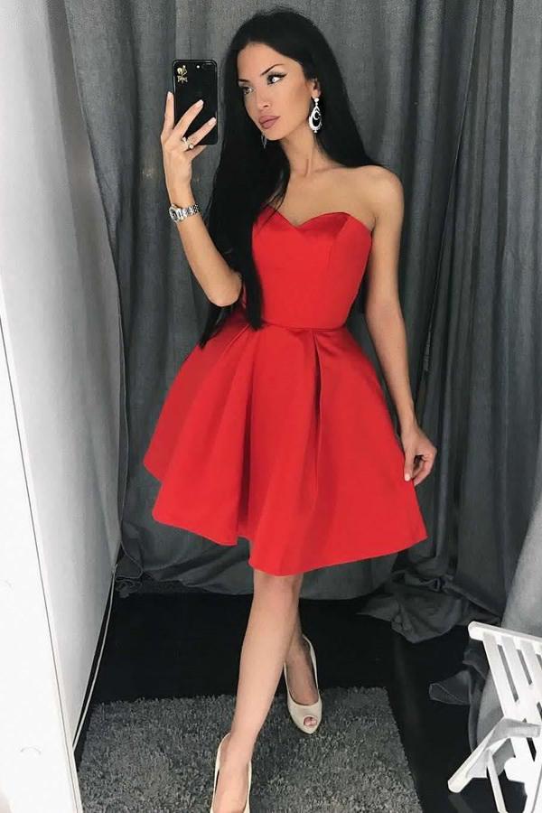 simple red homecoming dress sweetheart short prom dress with pleats dth435