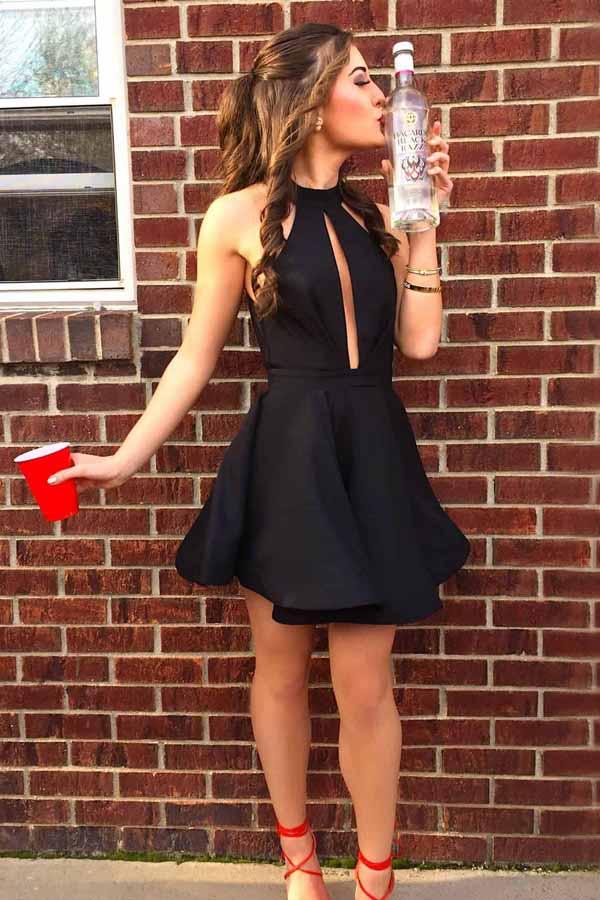 high neck black short prom dress cut-out homecoming dress with pleats dth218