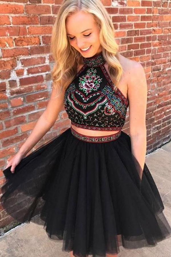 tulle two piece embroidered bodice black homecoming dress dth219