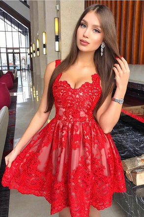 a-line red short prom dress square lace homecoming dress with pleats dth192