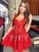 A-line Red Short Prom Dress Square Lace Homecoming Dress with Pleats