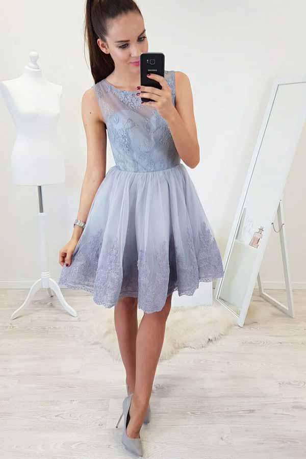 a-line fit & flare lace applique short prom homecoming dress dth191