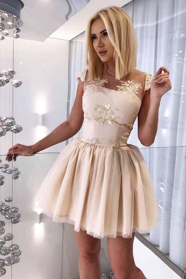 cute illusion neckline tulle appliqued short homecoming dress with pleats dth193