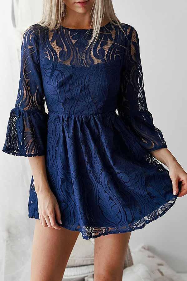 A-line Bateau Lace Navy Blue Bell Half Sleeves Homecoming Dress With Open Back