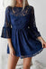 A-line Bateau Lace Navy Blue Bell Half Sleeves Homecoming Dress With Open Back