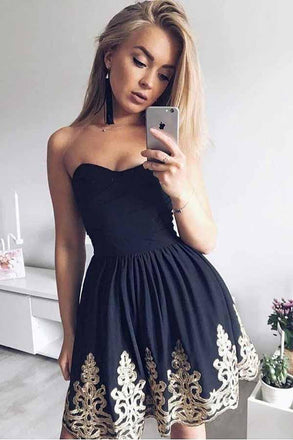 strapless black ruched short graduation dresses with appliques dth195