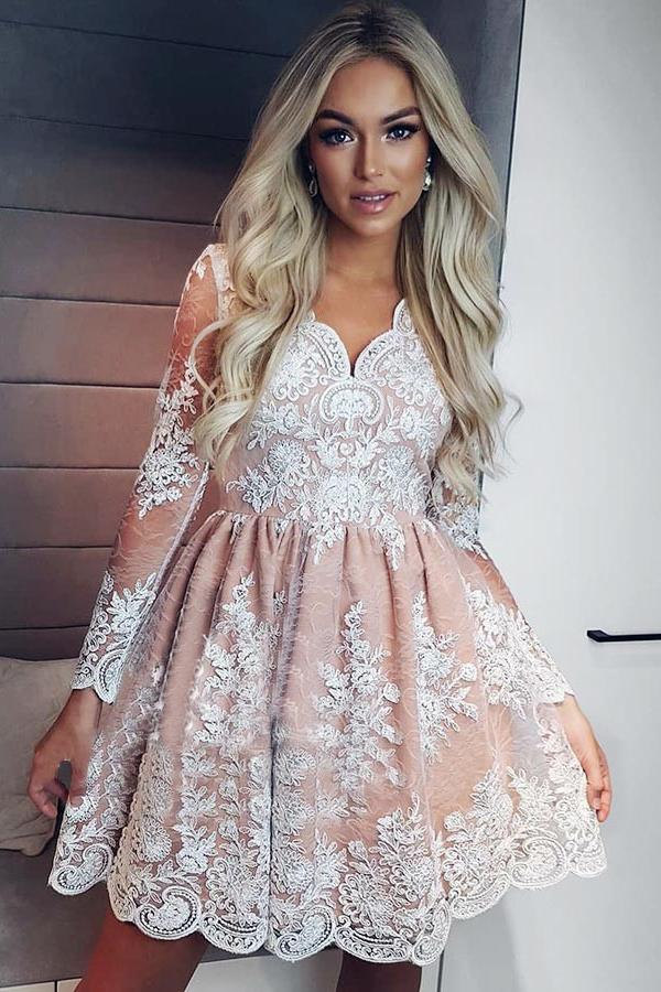 A-line Long Sleeves Short Prom Dress Lace Homecoming Dresses