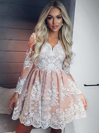 A-line Long Sleeves Short Prom Dress Lace Homecoming Dresses