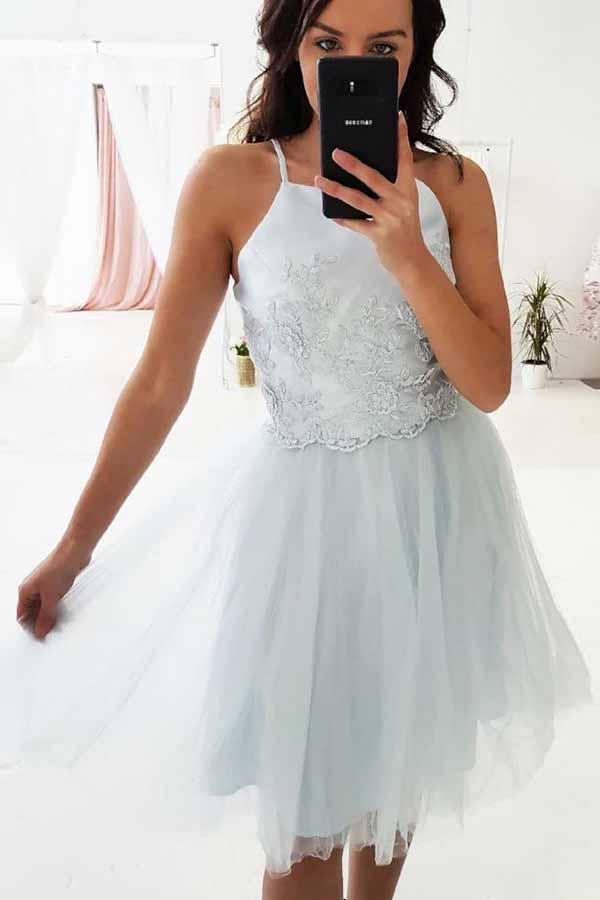 a-line spaghetti straps appliques homecoming dresses with tulle skirt dth198
