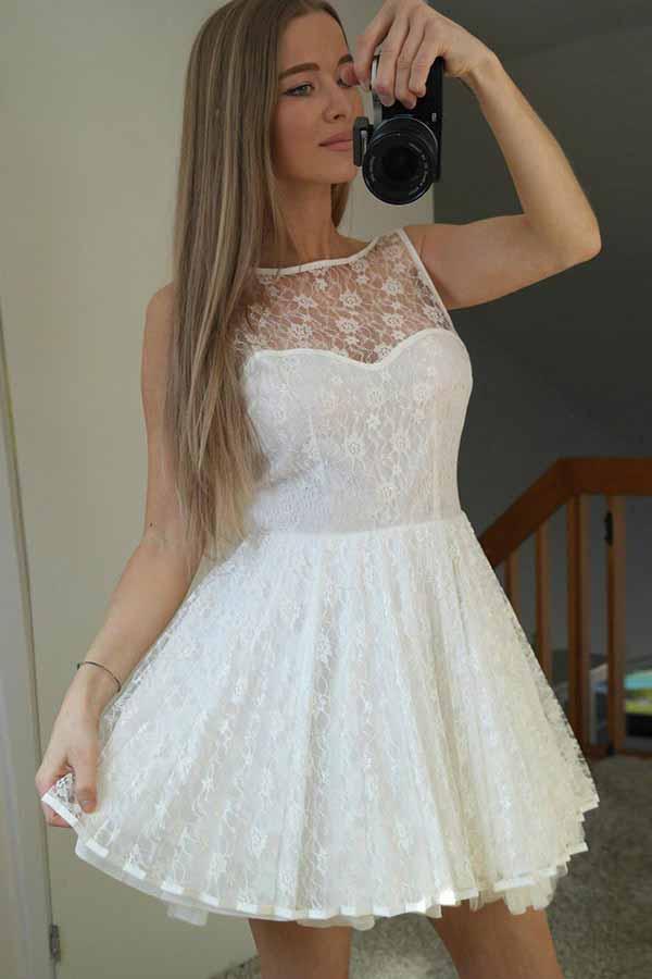 a-line illusion bateau lace short prom homecoming dress with v-back dth199