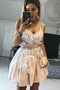 A-line V-neck Pearl Pink Spaghetti Homecoming Dresses with Handmade Flowers