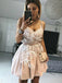 A-line V-neck Pearl Pink Spaghetti Homecoming Dresses with Handmade Flowers