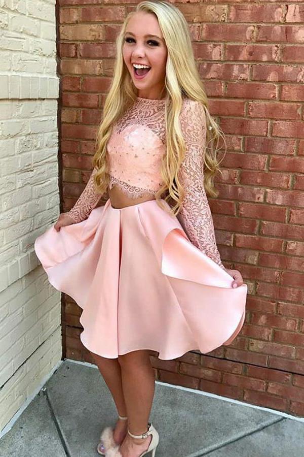 two piece pink short prom dress lace bodice long sleeve homecoming dresses dth203