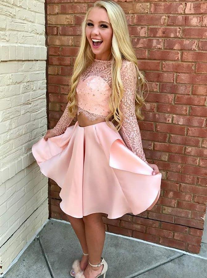 Two Piece Pink Short Prom Dress Lace Bodice Long Sleeve Homecoming Dresses