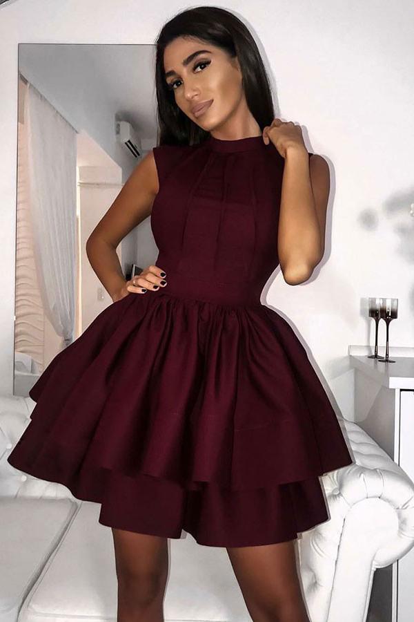 High Neck Burgundy Short Prom Homecoming Dresses With Tiered Skirt DTH213 DressTok.co.uk High Neck Burgundy Short Prom Homecoming Dresses With Tiered Skirt DTH213 DressTok.co.uk