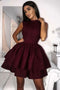 High Neck Burgundy Short Prom Homecoming Dresses With Tiered Skirt