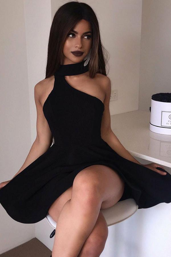 simple black cocktail party dress high neck black short homecoming dresses dth214