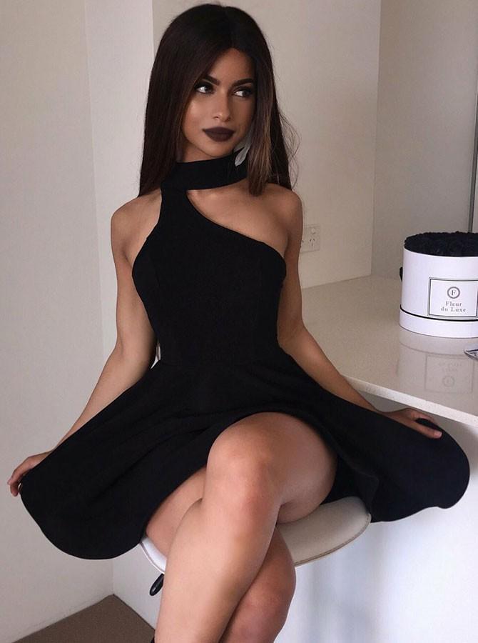 Simple Black Cocktail Party Dress High Neck Black Short Homecoming Dresses DTH214 DressTok.co.uk Simple Black Cocktail Party Dress High Neck Black Short Homecoming Dresses DTH214 DressTok.co.uk