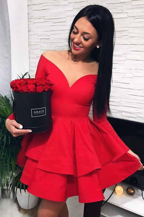 Off-Shoulder V-neck Tiered Red Long Sleeves Satin Short Prom Dress