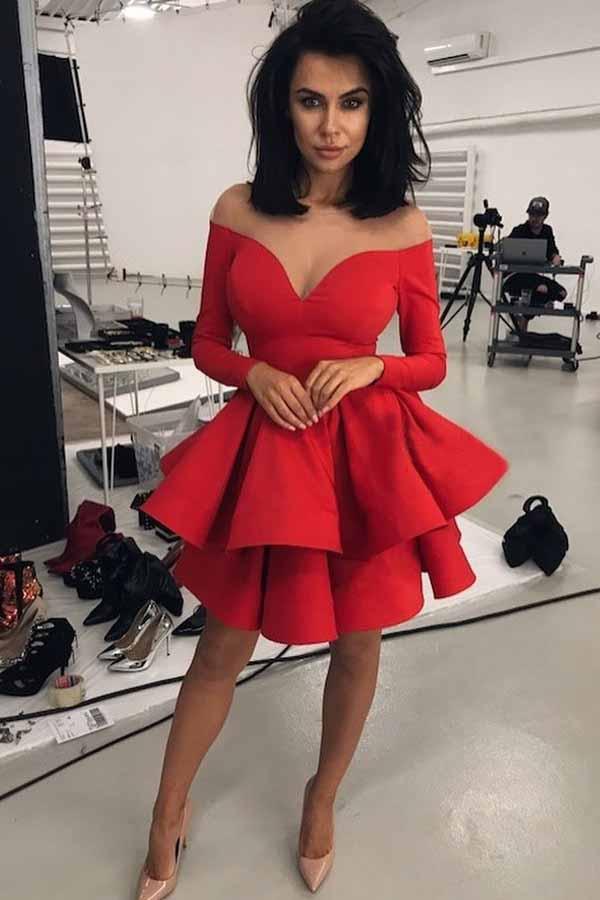 Off-Shoulder V-neck Tiered Red Long Sleeves Satin Short Prom Dress