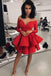 Off-Shoulder V-neck Tiered Red Long Sleeves Satin Short Prom Dress