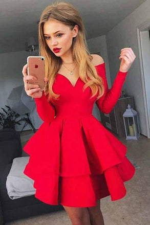 off-shoulder v-neck tiered red long sleeves satin short prom dress dth216
