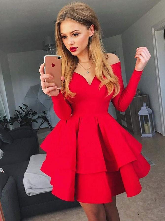 Off-Shoulder V-neck Tiered Red Long Sleeves Satin Short Prom Dress