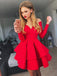 Off-Shoulder V-neck Tiered Red Long Sleeves Satin Short Prom Dress