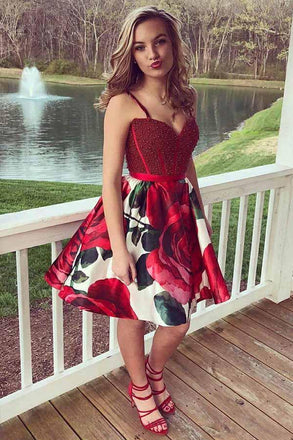 spaghetti short prom dresses with floral print beading homecoming dress dth215