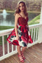 Spaghetti Short Prom Dresses with Floral Print Beading Homecoming Dress
