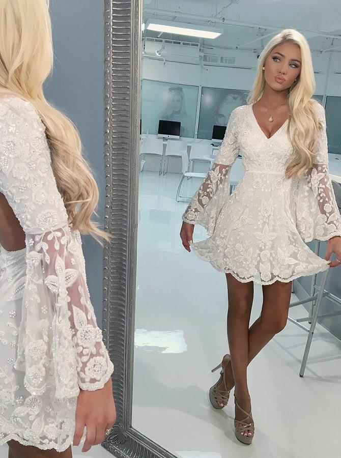 a-line ivory lace beading short homecoming dress with long bell sleeves dth220