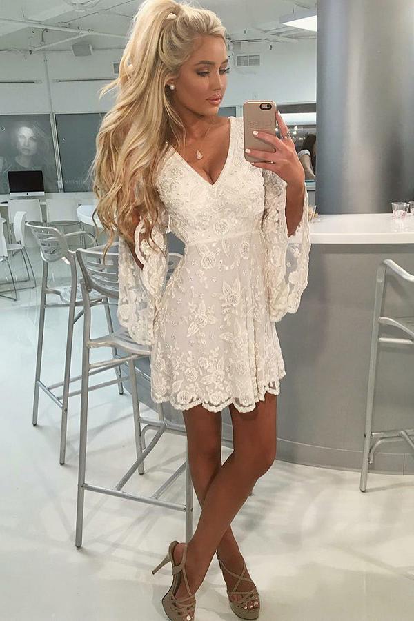 A-line Ivory Lace Beading Short Homecoming Dress with Long Bell Sleeves