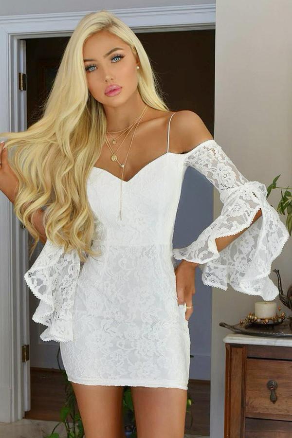 off-shoulder white bodycon lace cocktail party dress with bell sleeves dth223