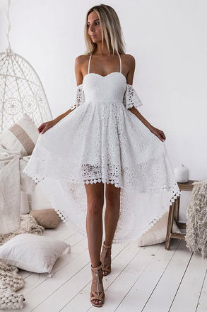 sweetheart lace short prom dress white pleated hollow out high low homecoming dress dth222