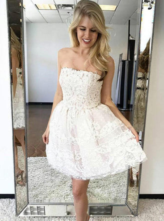 Charming Ivory Strapless Homecoming Dresses Lace Short Party Dress