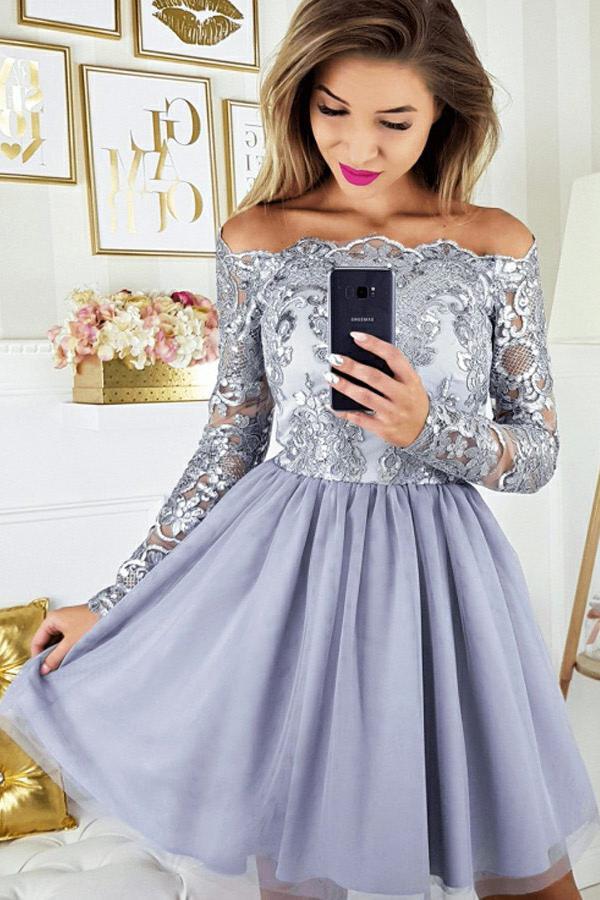 Off-Shoulder Long Sleeves Appliques Tulle Lavender Homecoming Dress