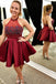 backless short prom dress high neck beading burgundy homecoming dress dth227