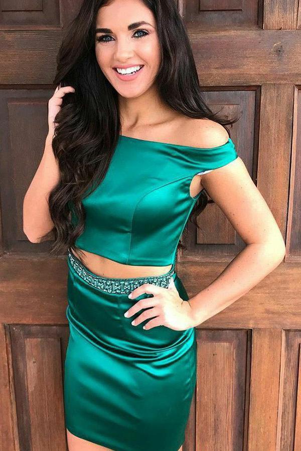 two piece dark green off-shoulder sheath homecoming dress with beading dth228