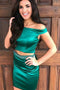 Two Piece Dark Green Off-Shoulder Sheath Homecoming Dress with Beading