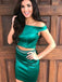 Two Piece Dark Green Off-Shoulder Sheath Homecoming Dress with Beading