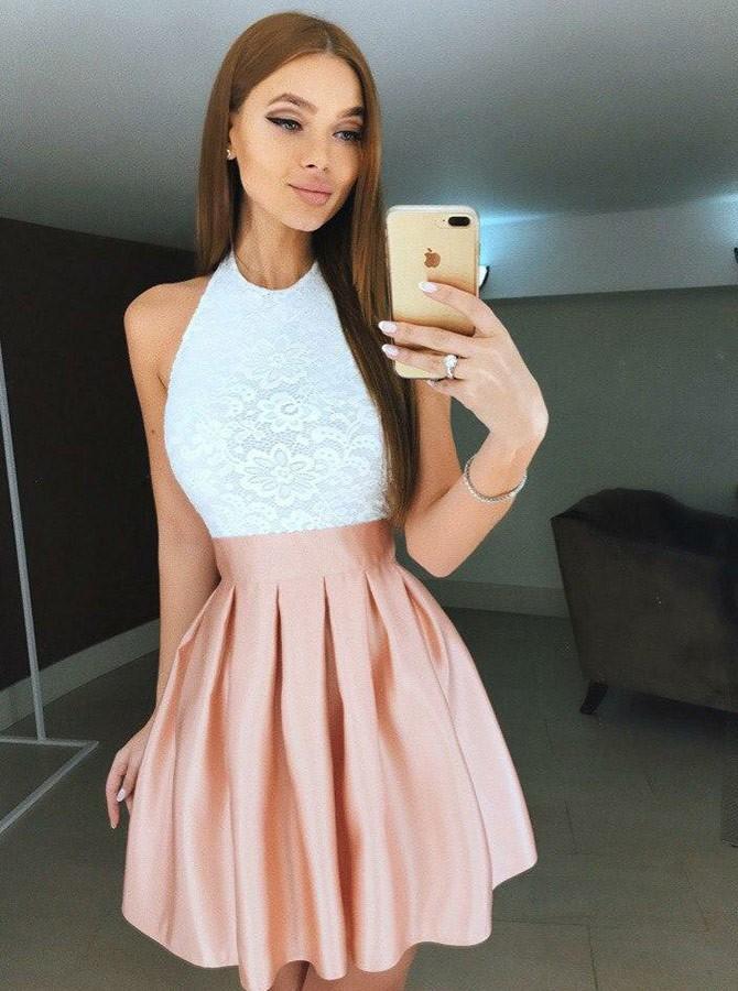 Halter Lace Bodice Satin Backless Homecoming Dress Pearl Pink Short Prom Dress